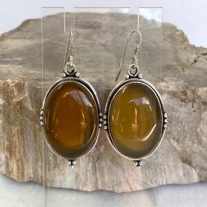 Sterling Silver 925 Large Bezel Set Oval Agate Quartz Dangle Drop Earrings